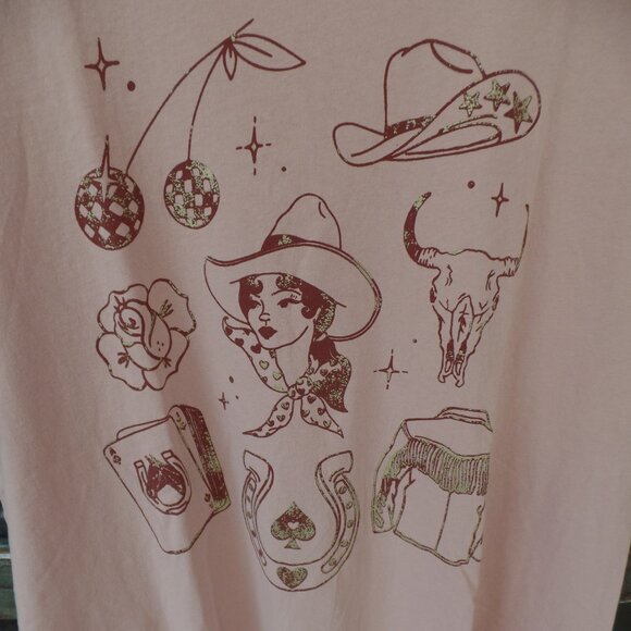 Mighty Fine Cowboy Theme NWOT TEE Peach, Brown & Gold Shirt MEDIUM - Picture 4 of 5